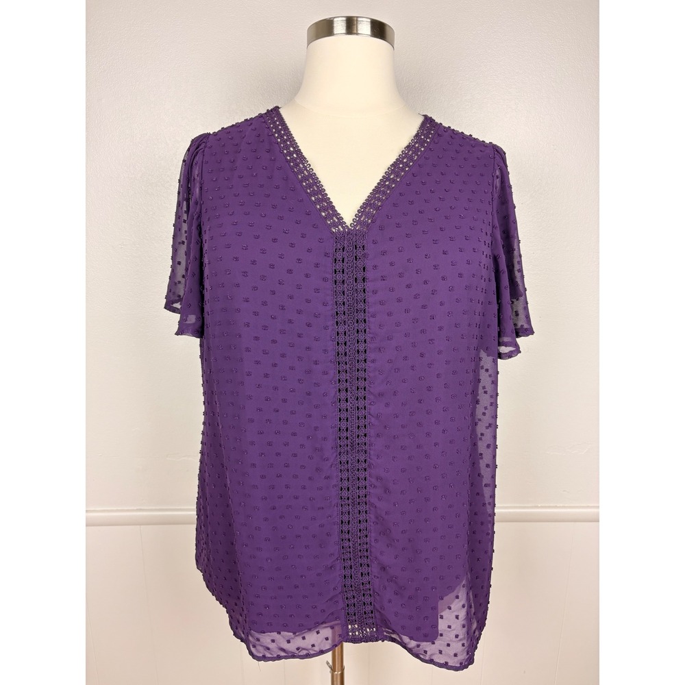 Naif Womens Mixed Media Top Size 3X Purple Swiss Dot Chiffon‎ Flutter Sleeves